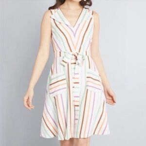 ModCloth Looking Back Rainbow Stripe Sleeveless V-Neck Lined Linen Dress – Small